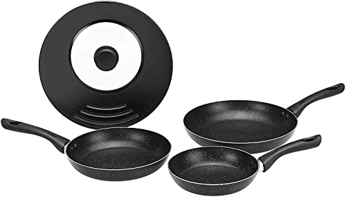 Amazon Basics - Juego de 4 sartenes antiadherentes de inducción de aluminio con tapa universal...