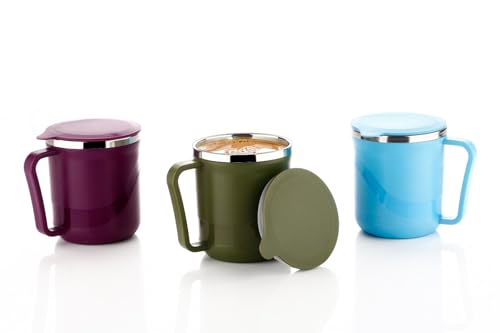 Image of XMART India Insulated Stainless Steel Coffee Mug with Lid - 300ml Double Wall Tea & Milk Mug for Travel, Home, Office, Restaurant Stylish, Leakproof, Drinkware Gifts for Woman,Man (2, Purple)