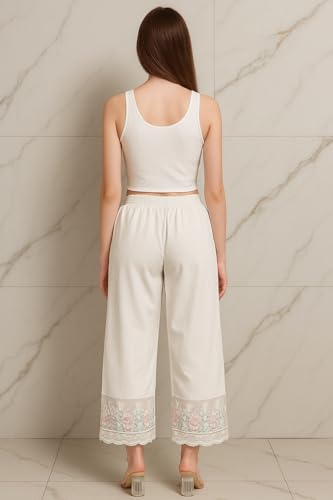 Image of TNQ Women Cotton Net Detailing Work Palazzo || Lace Palazzos || Flared Net Lace Palazzo for Women White