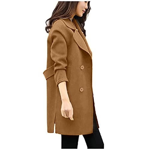BGKKTLW Abrigo elegante de mezcla de lana con doble botonadura para mujer, con cuello con muescas, abrigo de invierno de longitud media con cinturón, caqui, 3XL