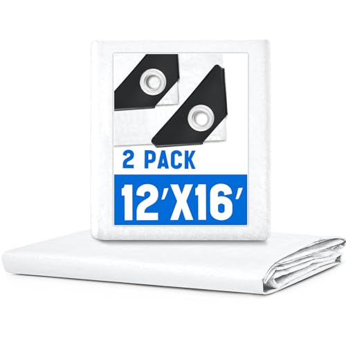 Image of 2 Pack White Tarps 12 x 16 ft, 5.5 Mil Heavy Duty Waterproof Tarp, Multipurpose Shade Tarp for Patio, Swimming Pools, Boats, Camping, Courtyards, Sun Shade & Outdoor Protection Cover