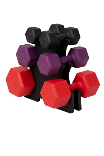 Kit Halteres Emborrachados com Suporte – 6 Halteres (1kg, 2kg, 3kg) – Pesos para Exercícios em Casa, Academia, Treino Funcional, Musculação e Pilates – Cores Roxo, Vermelho e Preto