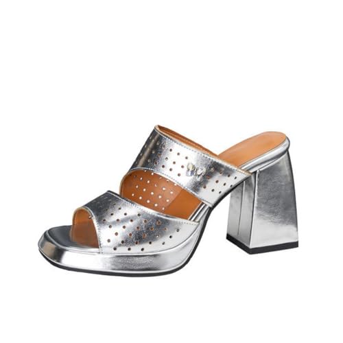 Sandales été en cuir PU blanc perforé à talon bloc pour femme élégante