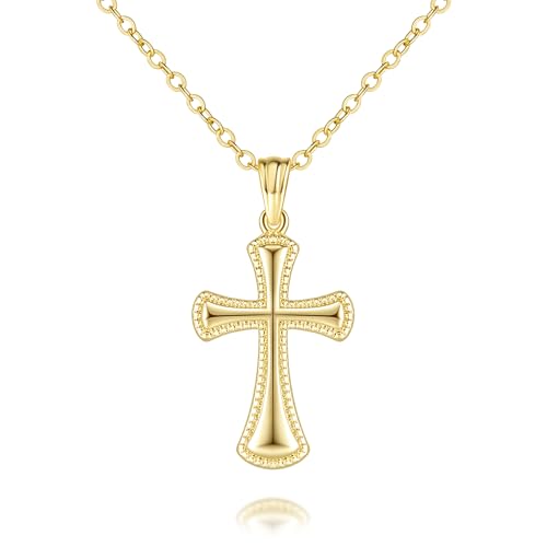Gold Cross Necklaces for Women 14K Gold Cross Necklace for Women Pendant Necklace Womens Fine Dotted Border and Raised Surface Dainty Cross Chain for Womens Faith (16.5''+3.2'')