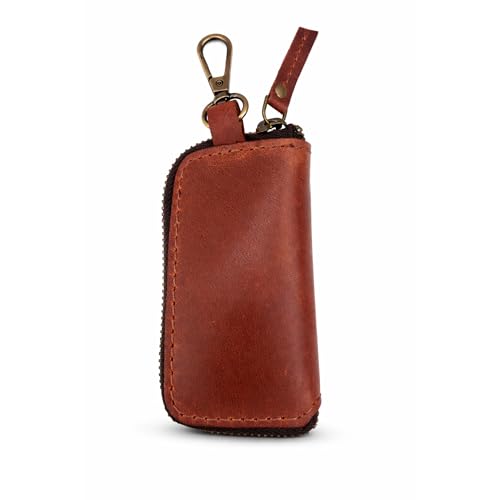 Image of Handmade Full Grain Leather Car Key Holder & Zippered Coin Purse | Belt Loop Key Chain, Compact Earphone Holder Multi-Functional Money Purse Elegant Leather Accessory Versatile Key Organizer (Tan)