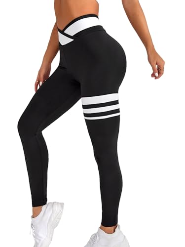 Floerns Women's High Waist Seamless Colorblock Striped Print Yoga Sports Leggings