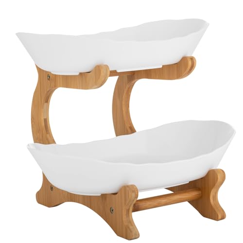 Bandeja de frutas de 2 niveles, cesta de frutas, bandeja para servir tartas, plato de frutas de plástico, contenedor de frutas, diseño curvado, esquinas redondas, para cenas, mesas de comedor, bodas