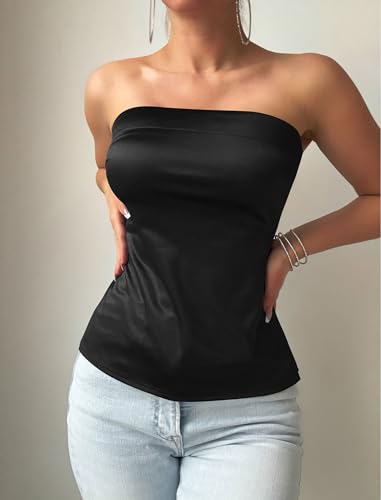 ZAFUL Women Satin Strapless Tube Tops Side Split Sleeveless Backless Bandeau Top Going Out Bustier Tops Silk Tank Top2