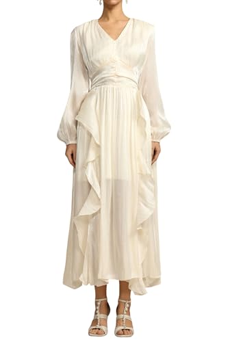 Tsukko Beige Maxi Lantern Sleeve V Neck High Waist Glossy