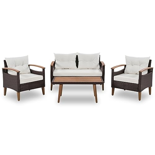 Muebles de jardín de 4 piezas, juego de asientos de patio, juego de sofá de ratán de polietileno para exteriores, mesa de madera y patas