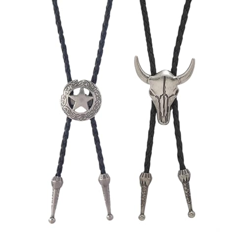 2PCS Silvery Cowboy Necklace Bolo Tie for Men Cowboy Accessories for Men