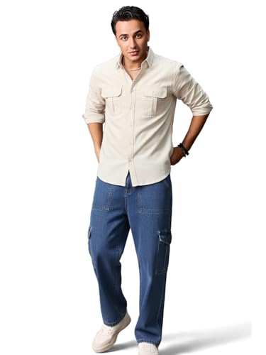 Image of Urbano Fashion Men's Loose Mid Rise Baggy Fit Cargo Jeans with 6 Pockets Non-Stretchable