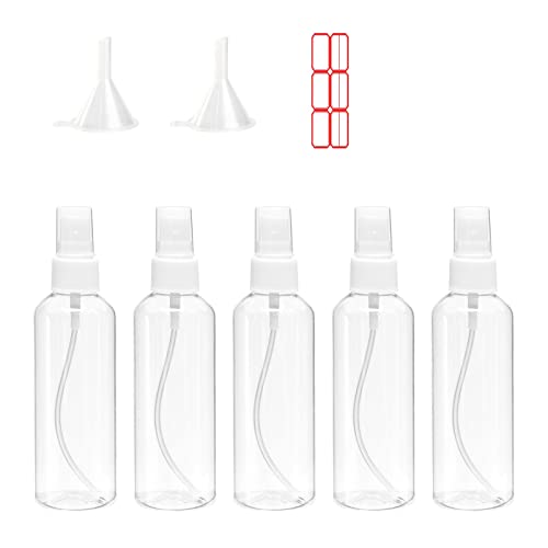 talifoca 100ml Flacon Spray Vide, 5PCS Flacon Vaporisateur Fine Brume, Plastique Pulverisateur Voyage, vides en plastique transparent pour parfum, huiles essentielles, cosmétiques, avec 2 x Entonnoir Cover