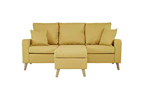Divano Roma Furniture Middle Century Modern Linen Fabric Small Space Sectional Sofa with Reversible Chaise (Yellow) - Thumbnail 2