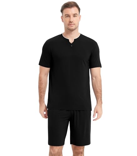 Image of NACHILA Pajamas Set for Men-Viscose Made from Bamboo, Short Sleeve Sleepwear Soft Pj with Shorts Cool Loungewear