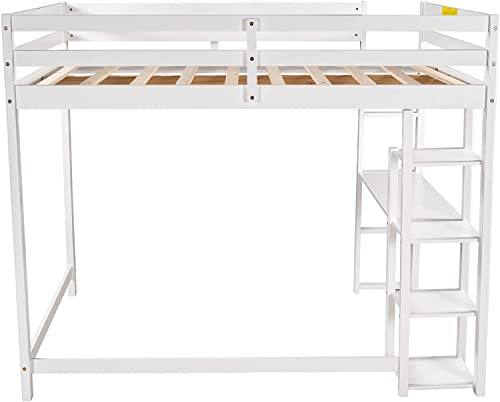 Dnyn Full Size Loft Bed With Desk & Shelves & Ladder For Kids/Adults,Wooden Bedframe,High Loftbed With Safety Guardrails,No Box Spring Needed,79.3"×58.5"×65.4", White #TOP3