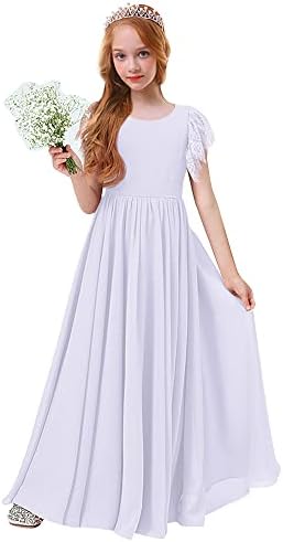 Girls Special Occasion Dresses, Flower Girl's Dress Prom Party Bridesmaid Dress Long Ruffle Chiffon A-Line Lace Boho Flowy Birthday Princess Fancy Communion Tutu Gowns White - Lace 13-14 Years