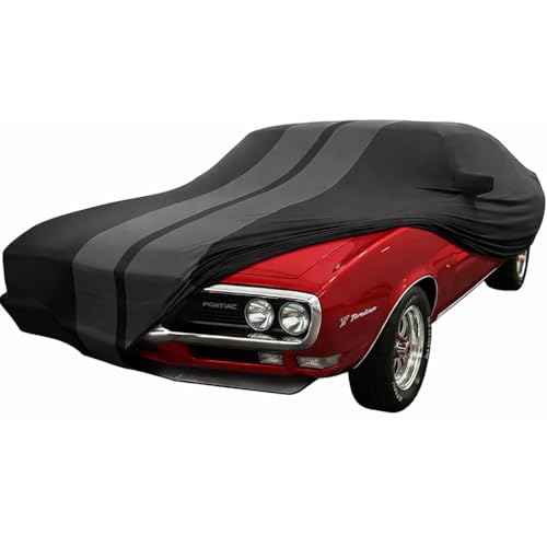Image of SR1 USA 1967-1969 Firebird Car Cover - Custom Fit Indoor Protection Ultraguard Stretch Satin - The Ultimate High End Fit for Classic Pontiac Fire Bird (Black with Gray Stripes)