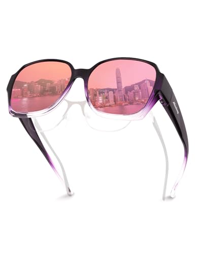 Meeloog Polarisierte Überbrille Sonnenbrille für Damen Herren, UV400 Schutz Sonnenbrille, Quadrat Übergroße Brille zum Fahren DEMST2106 (D1 Lila Rahmen/Rosa Verspiegelte Linse)
