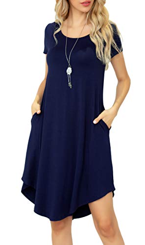 Image of Women Casual Loose Soft Crewneck Short Sleeve Pockets Swing T-Shirt Dress