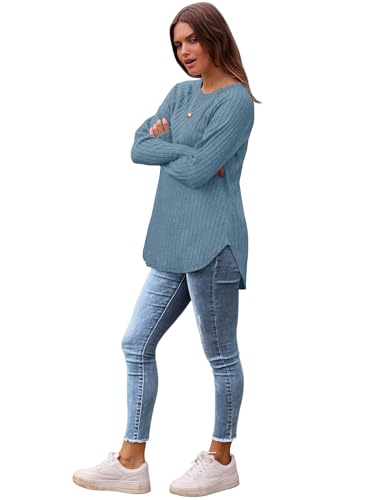 Image of Saloogoe Long Sleeve Shirts for Women 2025 Fall Clothes Tunic Tops Loose Fit Dressy Crewneck Pullover Sweaters Curved Hem