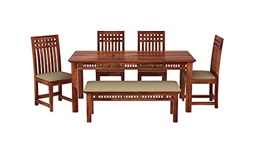 Image of Krishna Wood Decor Solid Sheesham Wood 6 Seater Dining Table | Six Seater Dinner Table with 4 Cushions Chairs & 1 Bench | Dinning Table Set 6 Seater for Living Room | Teak Finish