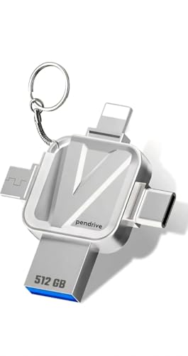 Image of Pendrive 4-in-1 USB Flash Drive 512 GB, with Lightning, USB-C, Micro USB, USB-A Connectors, Silver, Keychain