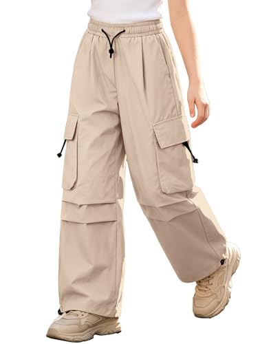 Image of SANGTREE Girls Parachute Pants Loose Lightweight Drawstring Waist Hip Hop Cargo Pants,6-16 Years