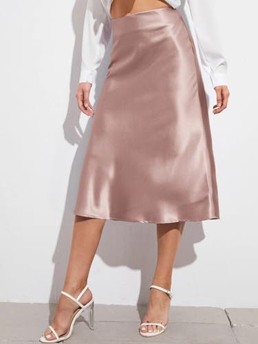 Women High Waist Zipper Side Solid Satin Skirt Summer Skirt2