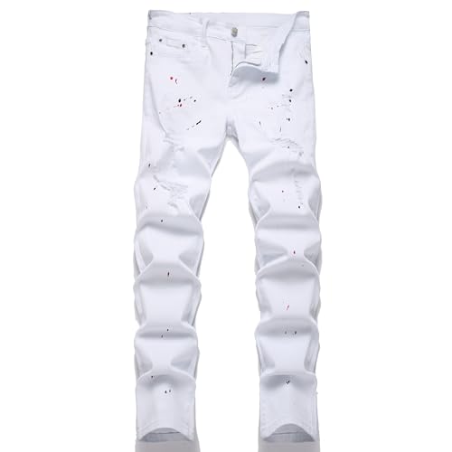 XIMXIMMTIAN Mens Slim Fit Jeans Stretch Ripped Biker Jeans for Men Fashion Straight Comfort Flex Waist Casual Denim Pants (34.5102 White)