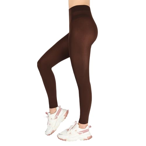 Image of FUTURO FASHION Stretchy Footless Tights Leggings with Slightly Insulated Fleece Tights Full Lenght Ultimate Comfort Leggings for Winter Yoga Running Ski Tights, One Size Brown