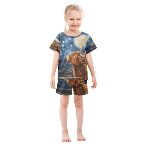 ALAZA Highland Cattle Starry Sky Van Gogh Watercolor Pajamas Set Short Sleeve Cotton Sleepwear Summer Pjs 2 Piece 5-14Y3