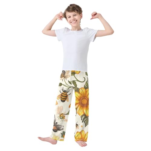 ZZXXB Bee Flowers Print Boys Long Pants Soft Trousers Elastic Waist Kids Lounge Bottoms with Pockets S-XL3