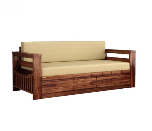 Image of Sheesham Wooden Sofa Cum Bed for Living Room with Side Pocket Storage - 3 Seater Sofa Cum Bed with Storage - 3 Person Sofa Cuma Bed Wooden with Premium Cushion Seating (Honey)