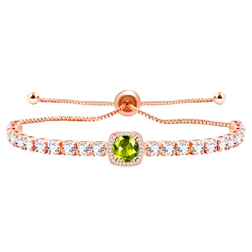 Image of Rose Plated Gold Brass Box Chain Cubic Zirconia Classic Tennis Slider Adjustable Bracelet, Round Big Zircon Charm Give Woman Mom Mother's Day Fashion Crystal Gift