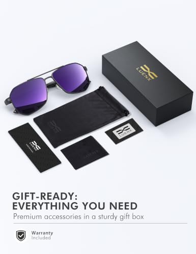 Image of LUENX Aviator Sunglasses for Men Square Polarized Polygon Lens - UV 400 Protection with Accessories