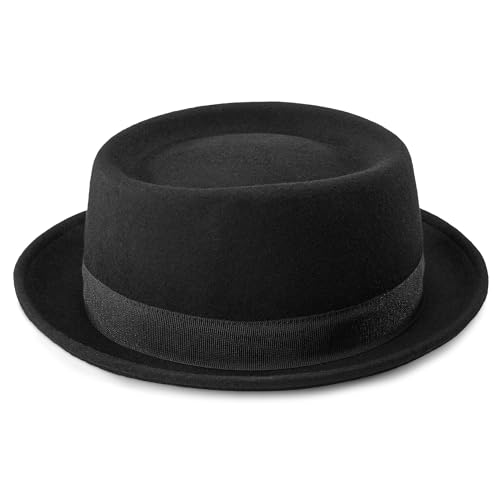 Pork Pie Hut für Herren, Wolle, flache Oberseite, Fedora-Hut, Unisex, Porkpie-Hüte (S/M), Schwarze, kurze Krempe, Stil A, M