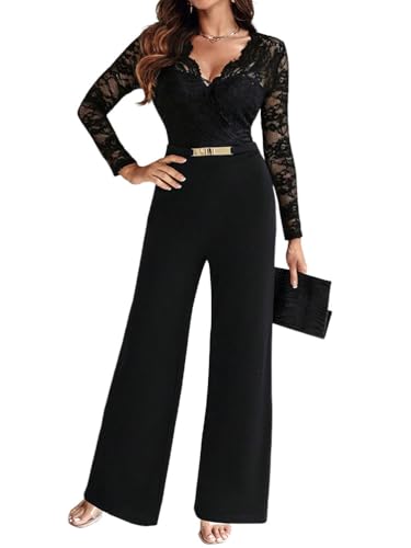 shownicer Combinaison Femme Chic Et Elegant Manches Longues Col V Jumpsuit Élégante Combinaison Pour Soirée Ensemble Pantalon A Noir S