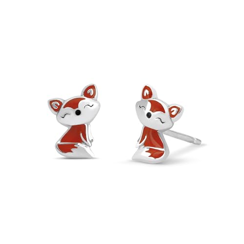 Boma Jewelry Sterling Silver Fox Stud Earrings with Hand Painted Red Orange Resin