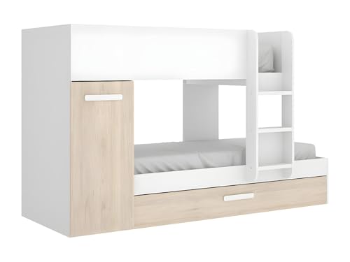 DEKIT GRUPO RIMOBEL TOM - Cama trem con armario y cama arrastre - Blanco/Natural - 150 x 244 x 112