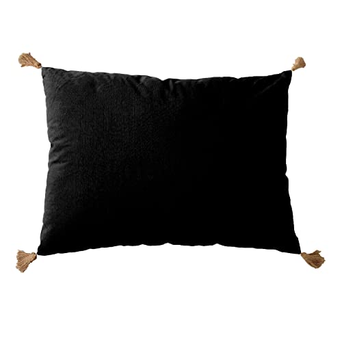 Coussin Noir avec 4 Pompons Jute - Rectangulaire 50x70 cm - 100% Coton certifié Oeko Tex -...