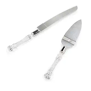 FLOBIQUE Stainless Steel Cake Serving Set - 1 PC Cake Cutting Knife + 1 PC Cake Server Cake Decor with Crystal Handles for Weddings, Birthdays, Cakes, Gifts 2 pcs