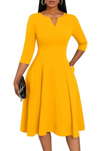 Image of Nmoder Midi Dresses for Women A-Line Fit and Flare Dress 3 /4 Sleeve V Neck Cocktail Wedding Guest Work Dress with Pockets