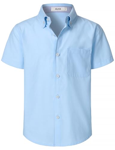 AOTIK Boys Oxford Button Down Shirt Short Sleeve Formal Uniform Dress Shirts with Pocket 12 Light Blue