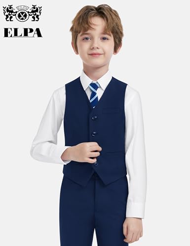 Image of Boys Suit Vest Set 4 Pieces Slim Fit Kids Navy Blue Formal Vest and Pants Set for Wedding Ring Bearer, Easter, First Communion, Confirmation, Graduation Teen Boys Size 8