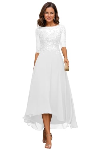 SELFGENIC Womens Long Mother of The Bride Dress Tea Length with Sleeves White A-line Formal Dress for Mother 12