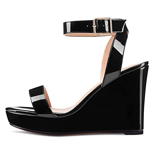 Image of Aachcol Women Platform Wedge Sandals Round Peep Open Toe Ankle Strap Slingback Two-Piece Chunky Block High Heel Dress Shoes Pumps Party Patent 4 Inch