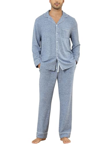 Image of Veseacky Mens Pajamas Set Long Sleeve Soft Pajamas for Men Button Down Sleepwear Pjs Lounge Sets with Pockets S-2XL