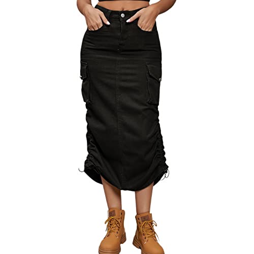 Lu's Chic Women's Long Skirt Pleated Elastic Waist Tea Length Jean Drawstring Casual Pocket Cargo Mid Rise