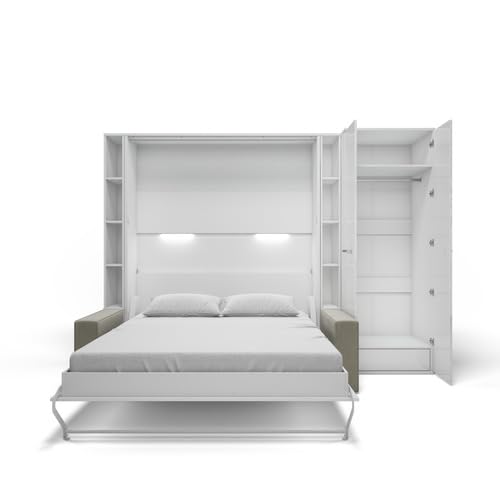 MAXIMAHOUSE Schrankbett vertikal mit Sofa, 2 Regalen und Kleiderschrank, Invento LED 160V mit Lattenrost aus Holz, Wandklappbett 160x200 modern Design (Weiß/Weiß matt + beiges Sofa)